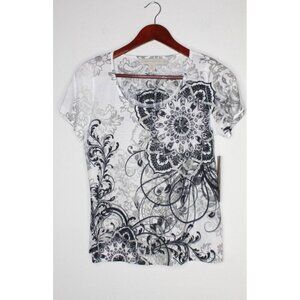 Laura Ashley Summertime T-shirt Women's PM Black White Studded Floral Print NWT